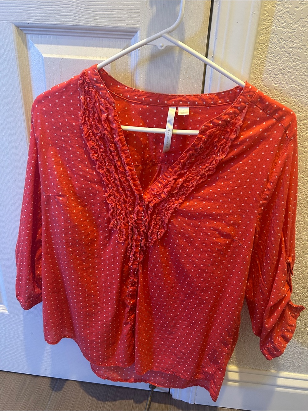 LC Lauren Conrad Red Polka Dot Ruffle V‑Neck Blouse